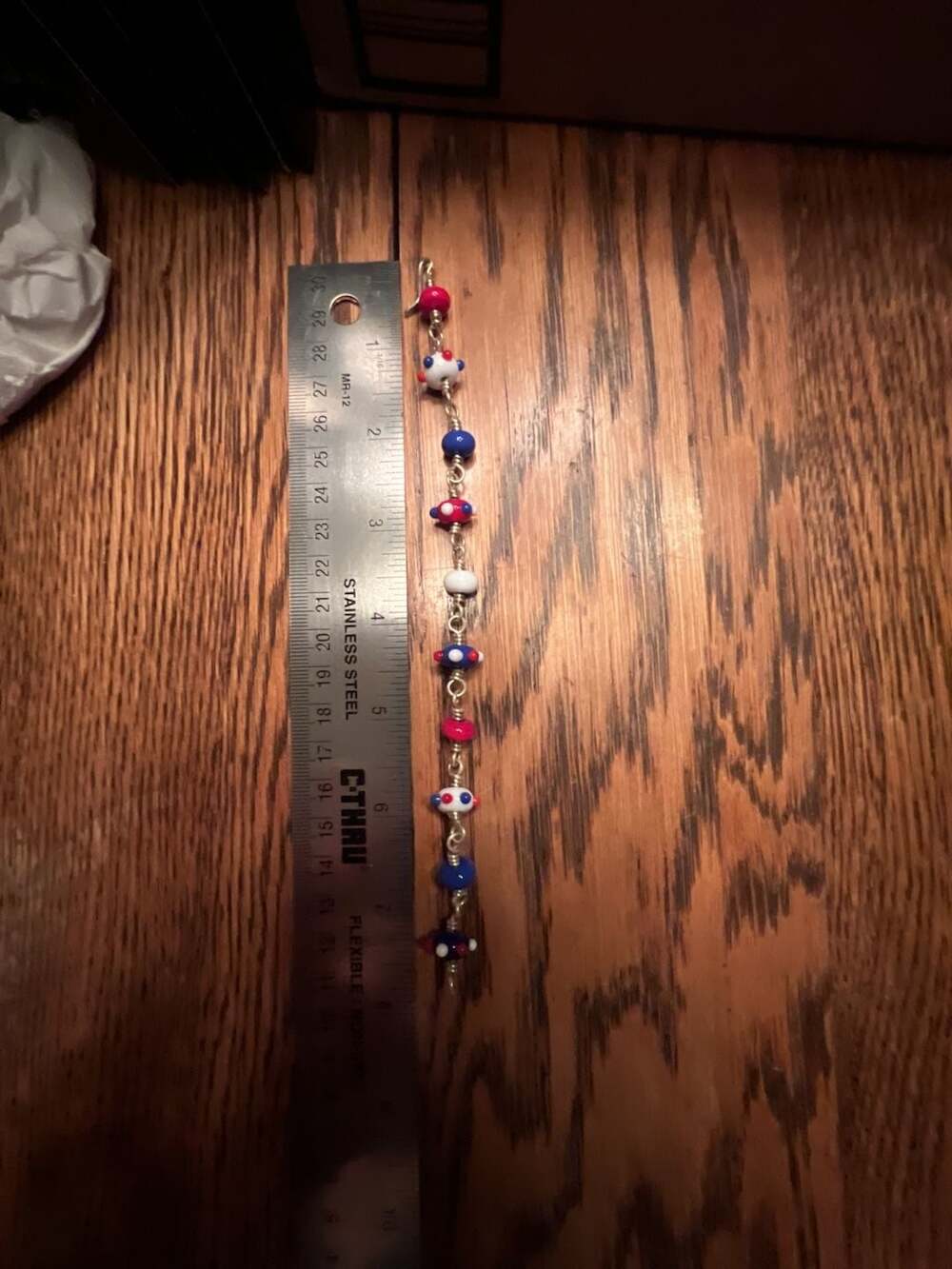 Handmade Sterling Silver Red White and Blue Handblown lampwork Glass Bead Link B